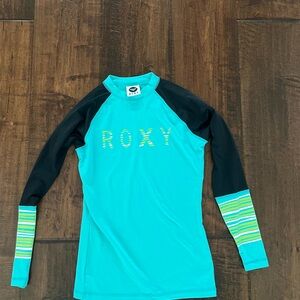 Roxy Turquoise Black Long-Sleeve Swim Coverup with Striped Cuffs